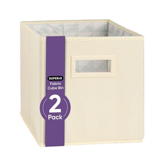 Superio Fabric Storage Basket for Shelves, Cube Bin for Cubby, 10.75 x 10.75 Foldable Open Storage Bin, Decorative Bin Organizer with Handle, 2-Pack, Cream