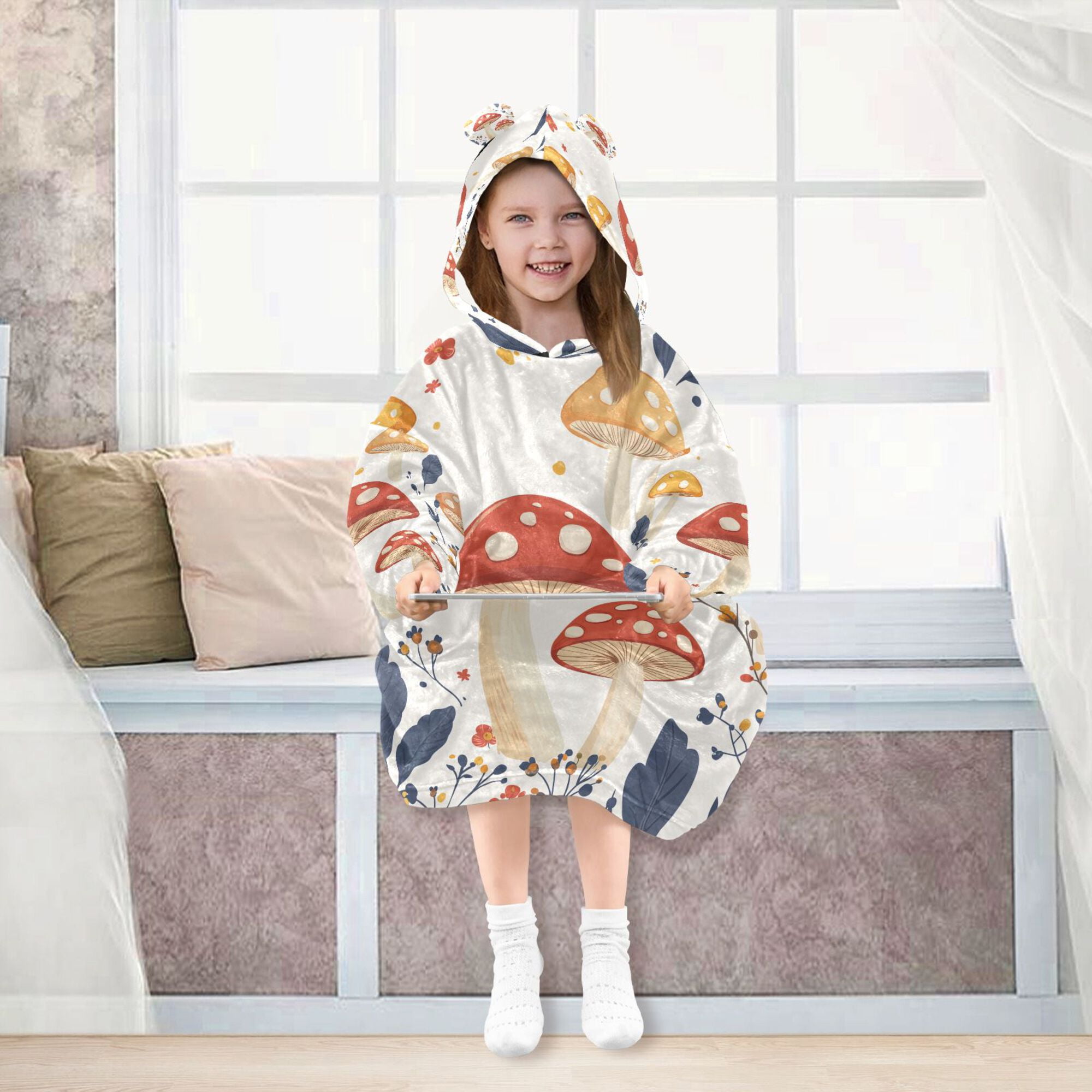 FORMRS Wearable Blanket Hoodie with Sleeves for Kids Cozy Flannel Sweatshirt, White Mushroom