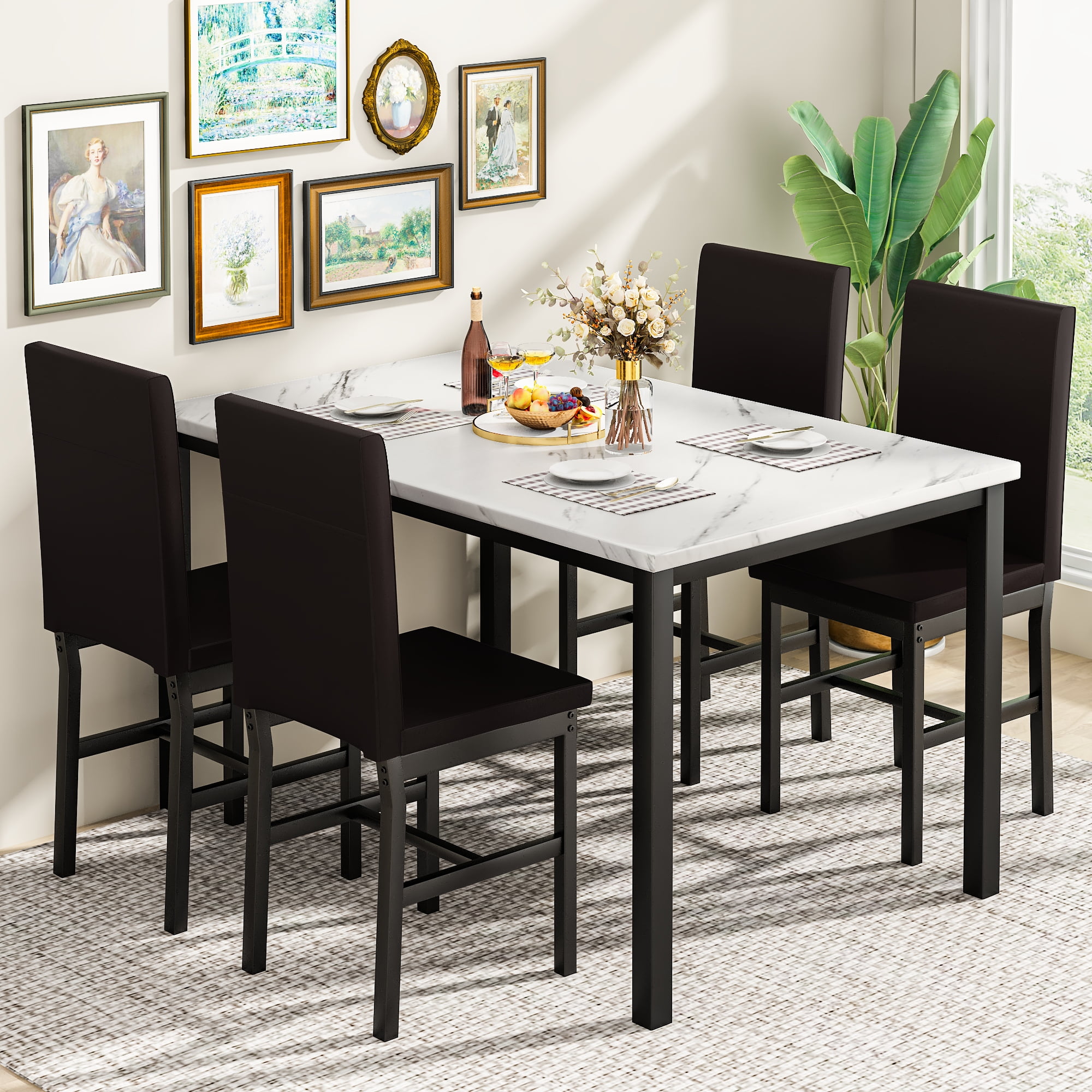 LTTROMAT Dining Table Set for 4, Modern Faux Marble Kitchen Table Set with 4 Leather Upholstered Chairs, 5-Piece Dinette for Dining Room, Nooks