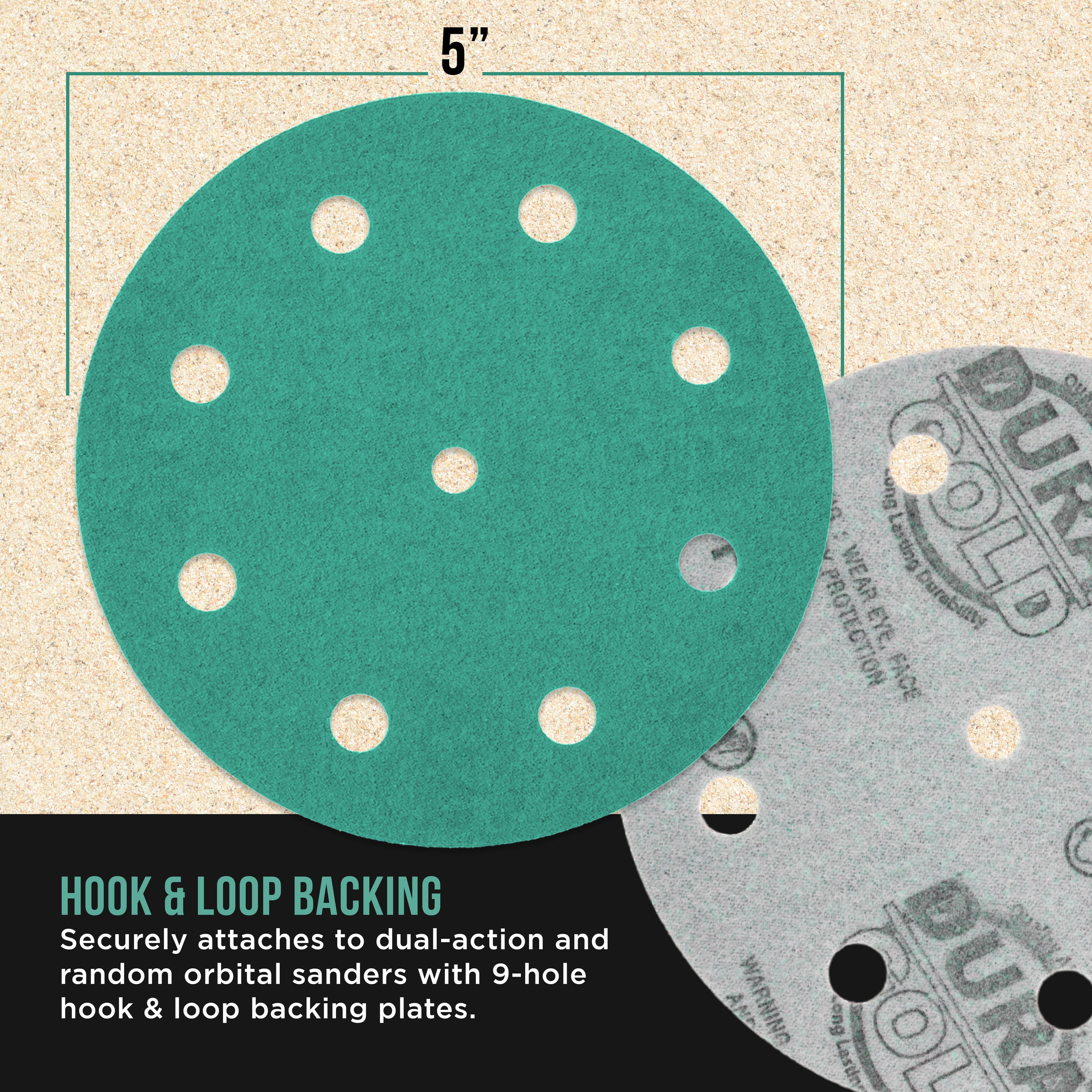 Dura-Gold Premium 80 Grit 5" Green Film Sanding Discs, 9-Hole Pattern, Box of 50 - Heavy-Duty Dustless Hook & Loop Backing Sandpaper for DA & Random Orbital Sanders, Sand Auto Paint, Wood, Furniture