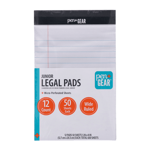 Pen+Gear Junior Legal Pads, Wide Ruled, 5"x8", White Paper, 50 Sheets per Pad, 12 per Pack