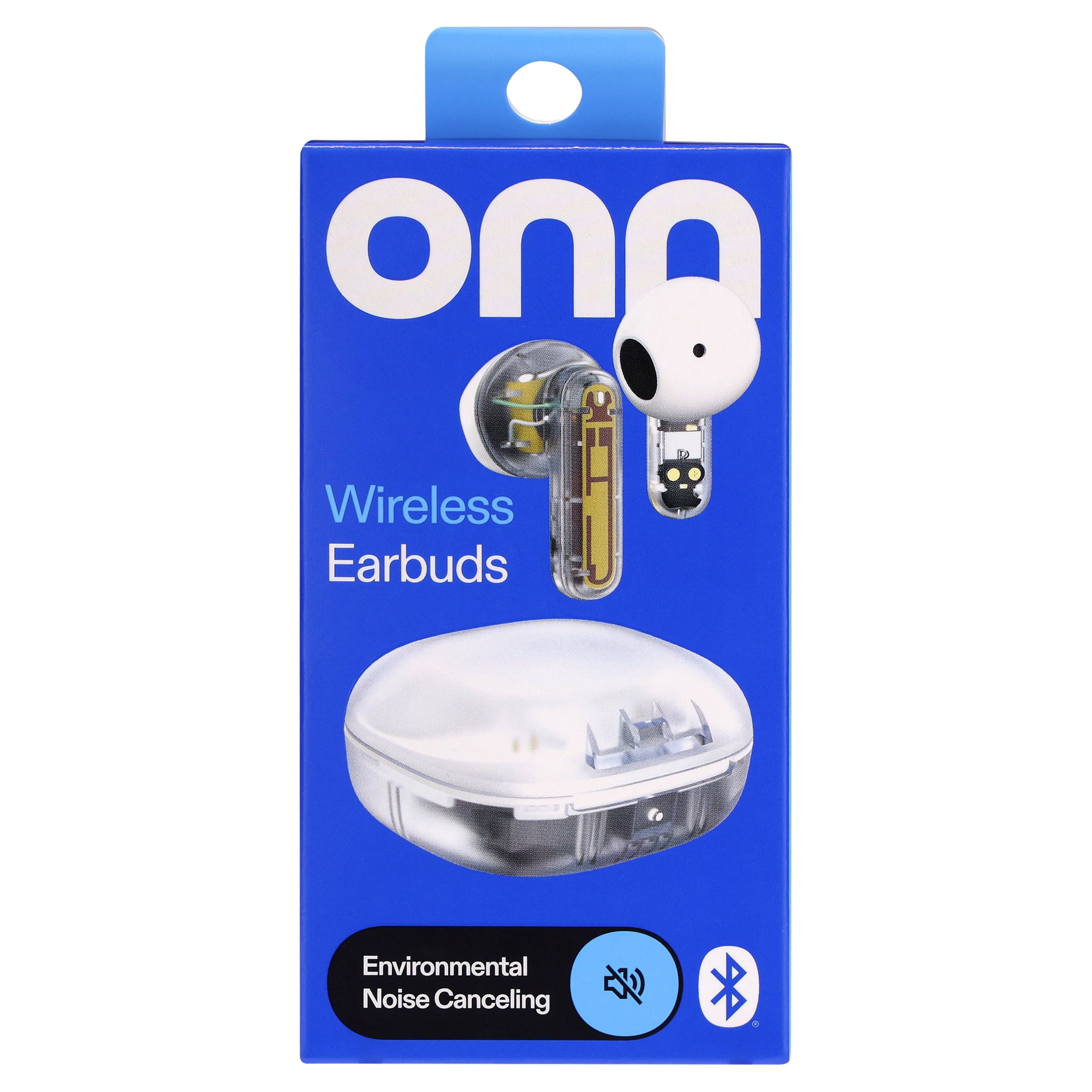 onn Mini Sticks Clear and White Wireless Bluetooth Earbuds with Environmental Noise Canceling