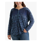 LUCKY BRAND Womens Blue Floral Long Sleeve Jewel Neck Top Plus 2X