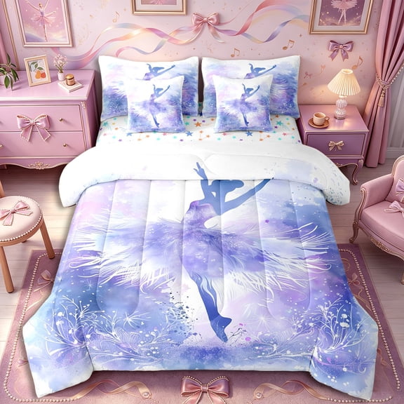 Castle Fairy Cute Ballerina Print Twin Bedding 7-Piece,Watercolor Silhouette Pattern Bedding Comforter Set,Blue Purple,Grey Reversible