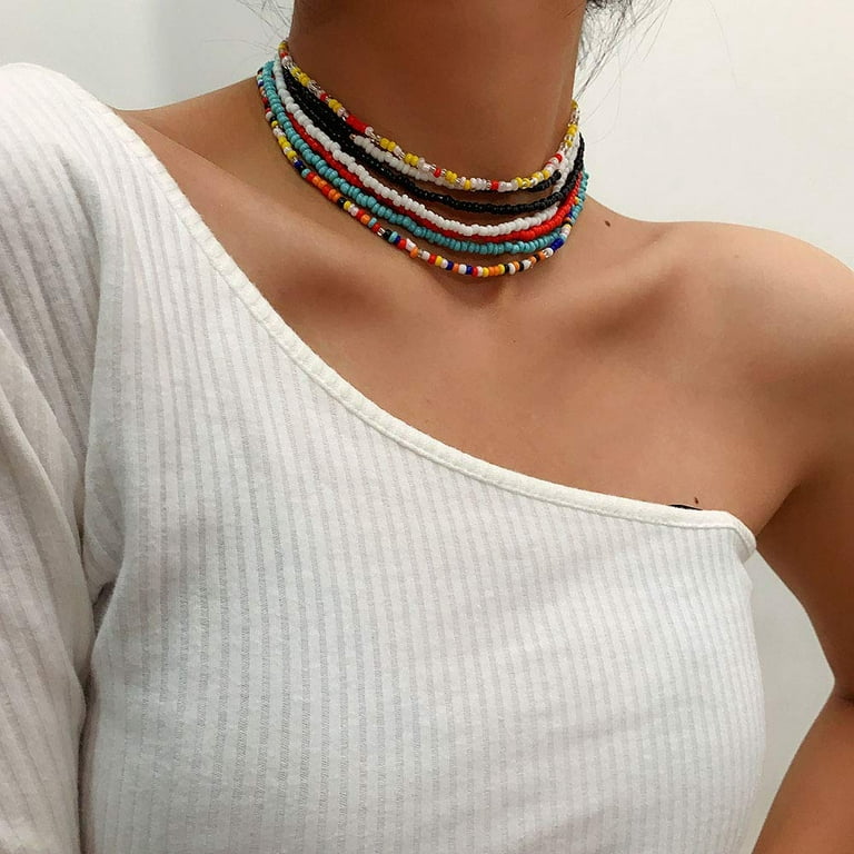 Boho Rainbow Beaded Choker Necklace Beach Seed Beads Necklaces for Women  Teen Girls Multi Colorful Shell Pendant Bead Layered Neck Chain Jewelry