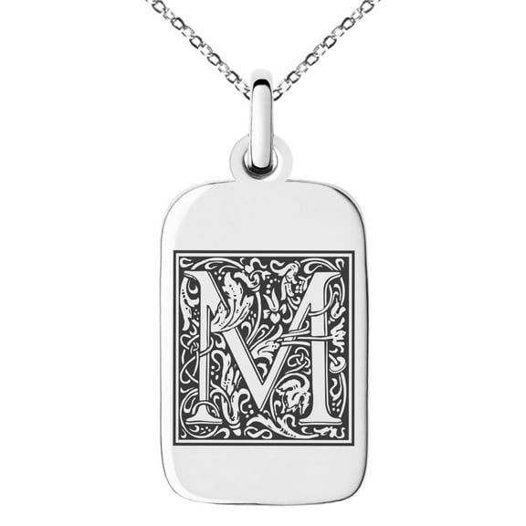 Stainless Steel Letter M Initial Floral Box Monogram Engraved Small Rectangle Dog Tag Charm Pendant Necklace