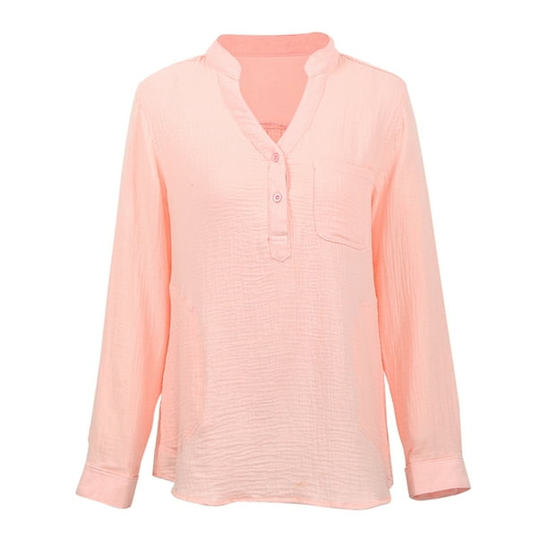 Nuevas mujeres ocasionales blusa suelta de lino de algodón con cuello en v bolsillos de manga larga Abanopi Rosa L