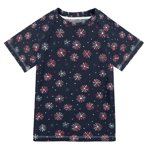 FORMRS Boys Rash Guard Short Sleeves Swim Shirt Quick Dry UPF 50 Sun Protection, Sizes 3-12T, Red Fireworks Pattern