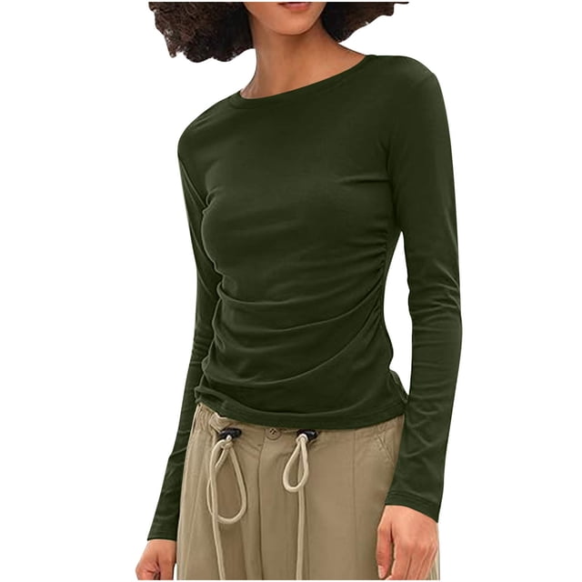 Timegard Womens Going out Tops Side Ruched Crewneck Slim Blouse Fall Casual Comfort Tops Basic Tee