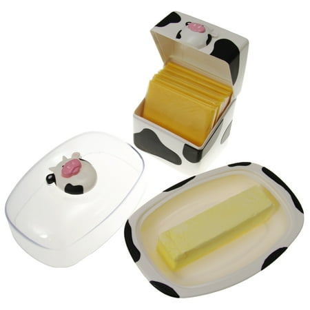 Joie Moo Moo Cow Covered Butter Dish & Cheese Slices Container Plastic Holders