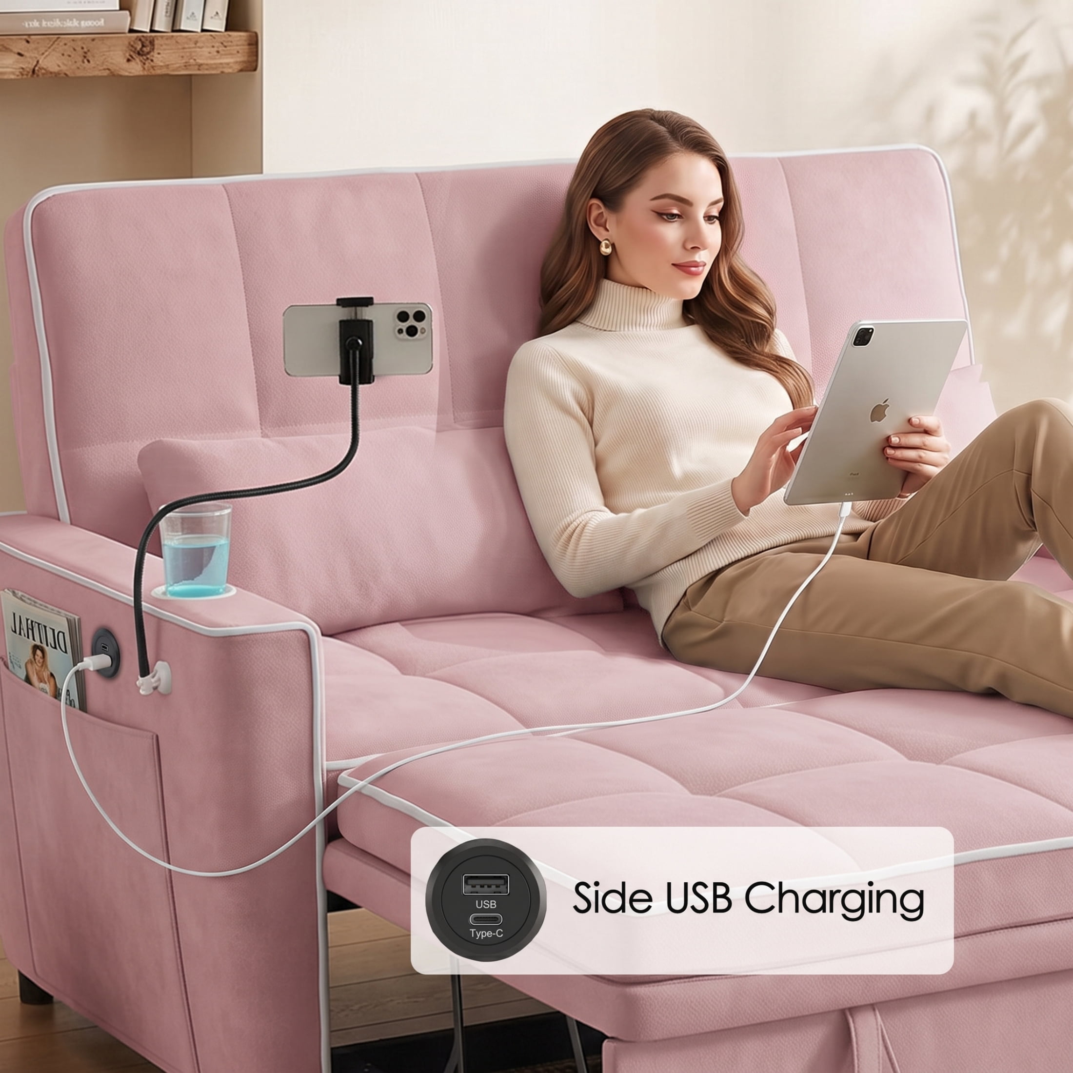 Vinform Sleeper Sofa Bed, 3 in 1 Convertible Loveseat with Phone & Cup Colder for Small Space, Pink