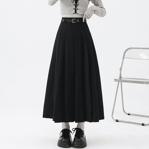 Women’s High-Waisted Pleated Midi Skirt with Belt, Elegant A-Line Flared Suit Skirt, Slimming Fashion Mid-Length Skirt for Office, Casual, and Daily Wear