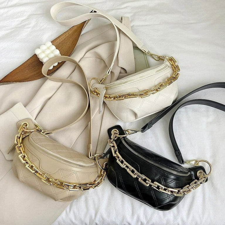 Thick Chain Women's Fanny Pack Plaid leather Waist Bag Shoulder Crossbody  Chest Bags Luxury Designer Handbags Female Belt Bag