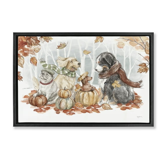 Stupell Industries Autumn Fun Dogs Holiday Painting Black Floater Framed Canvas Art Prints Wall Art, 25 x 17