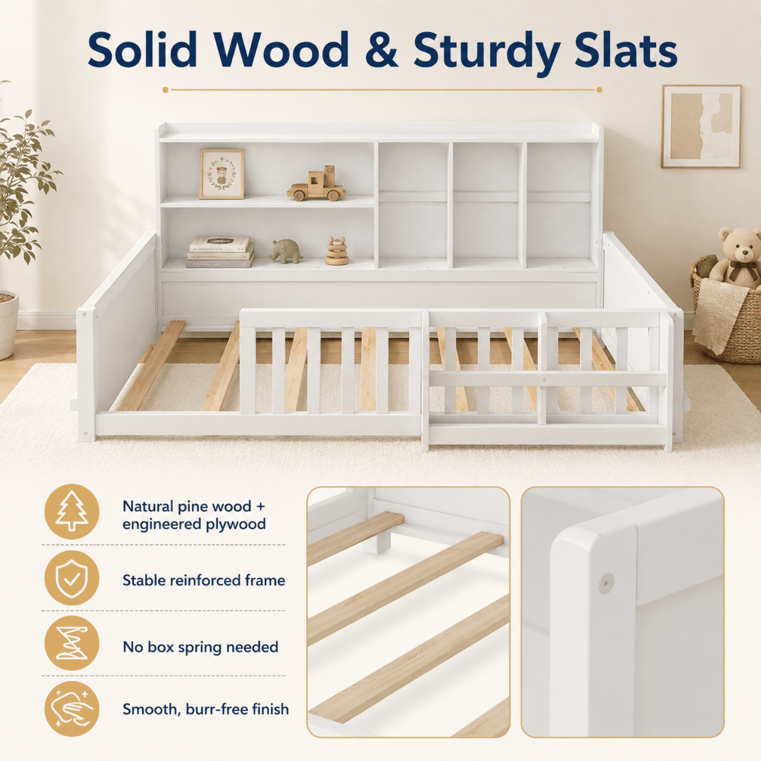 Miniyam Twin Size Floor Bed, Kids Wood Bed Frame with Guardrails, Side Bookshelf, White
