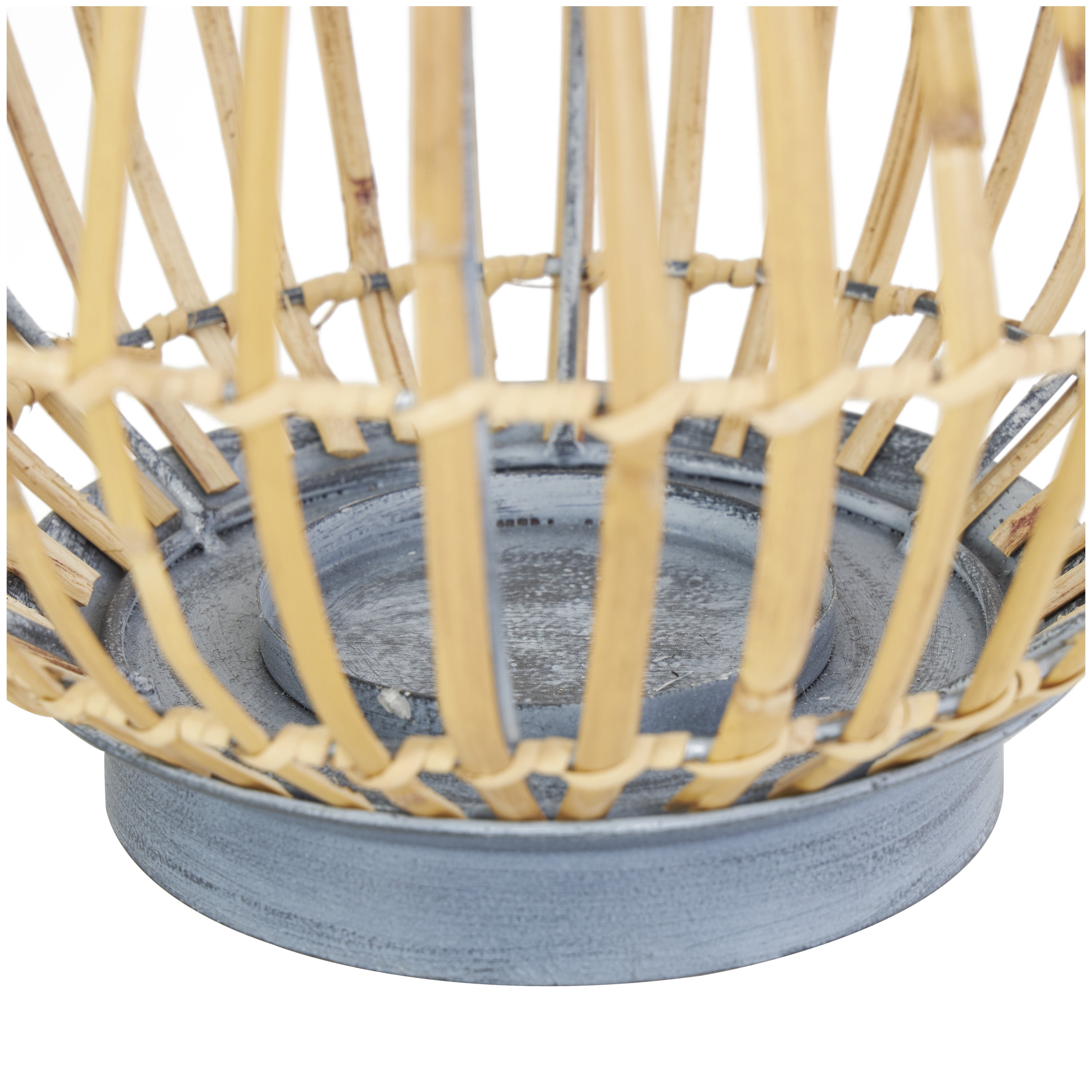 DecMode Brown Bamboo Handmade Open Framed Candle Lantern with Blue Metal Accents and Handle