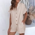 thumbnail image 3 of Pompotops Mode Femmes Solide V-Cou Dames Casual Manches Courtes Bouton Mini Combinaison, 3 of 9
