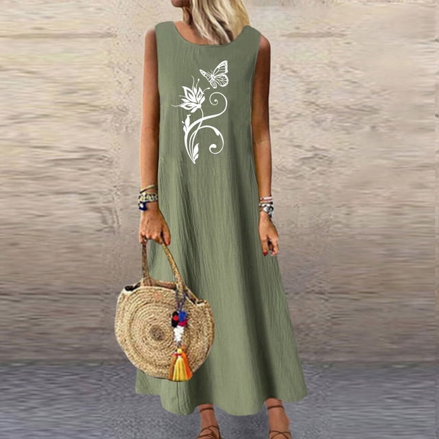 Meichang Robes Sans Manches en Coton et Lin pour Femmes, à Imprimé Floral, Col Rond, Robes Maxi, Coupe Ample, Évasées, Robes d'Été, Sorties, Vacances, Longues, Vert Armée, TG