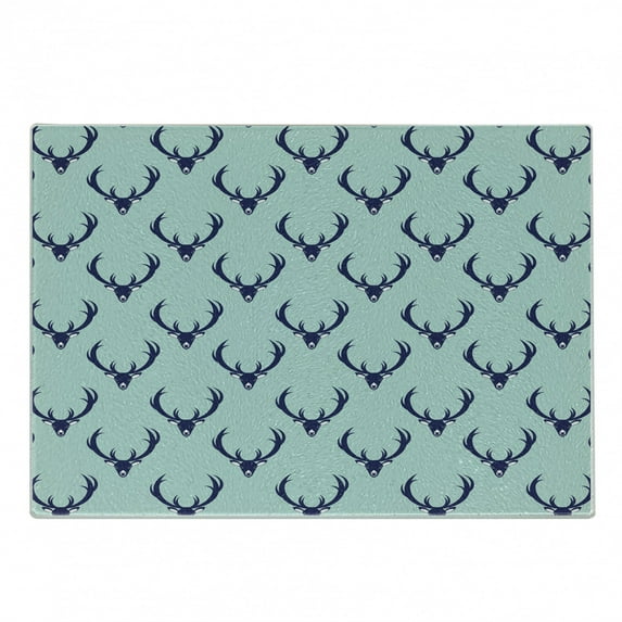 Deer Cutting Board, Jungle Creature Heads with Antlers Abstract Animal Motifs Hipster Wildlife, Decorative Tempered Glass Cutting and Serving Board, Small Size, Pale Seafoam Navy Blue, by Ambesonne