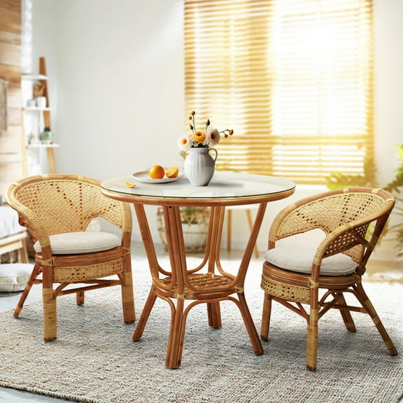 3-Pcs Pelangi Rattan Wicker Dining Set of Round Table with Glass Top and 2 Arm Chairs, Colonial Color