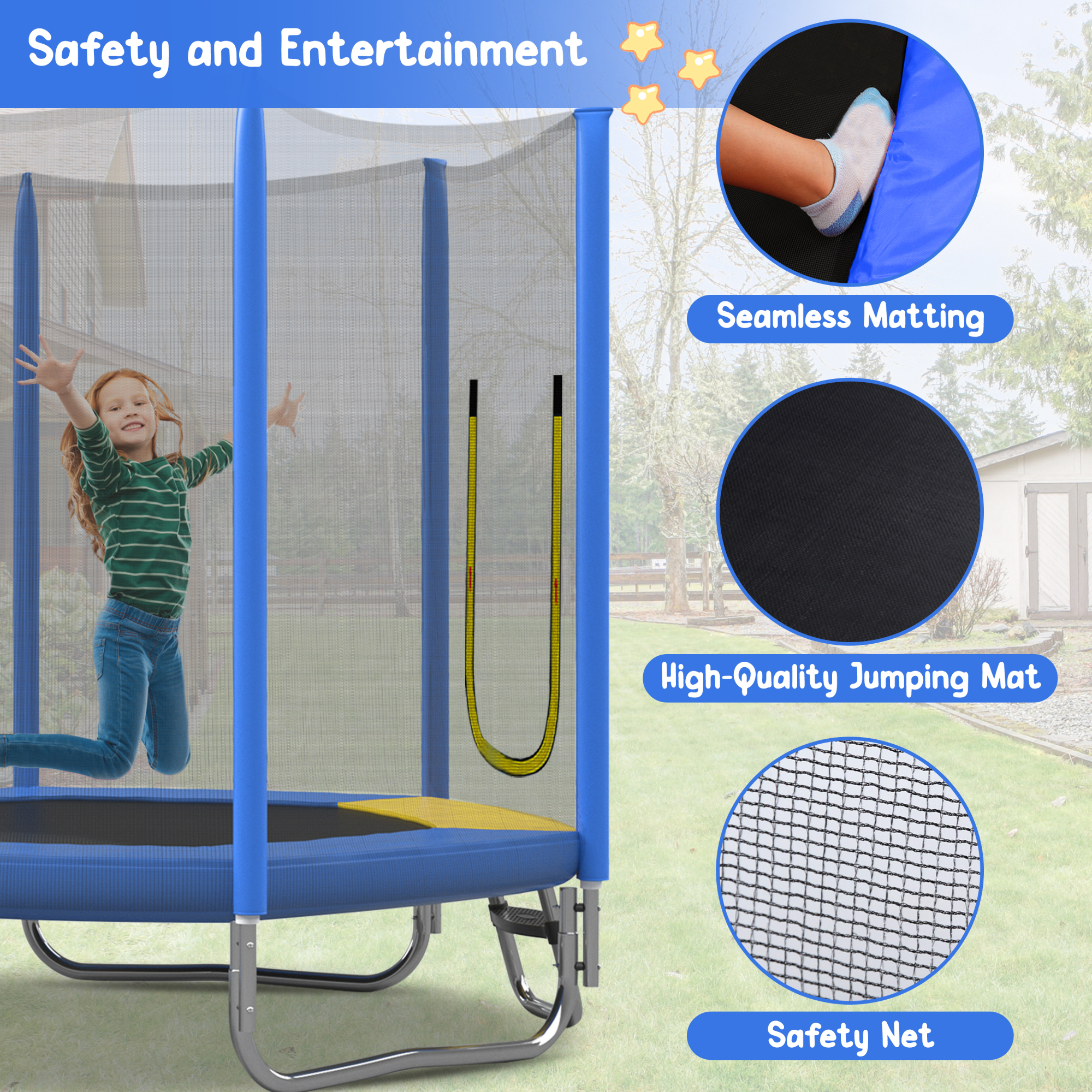 7FT Trampoline for Kids,Outdoor Recreational Trampoline with Safety Enclosure Net,Blue