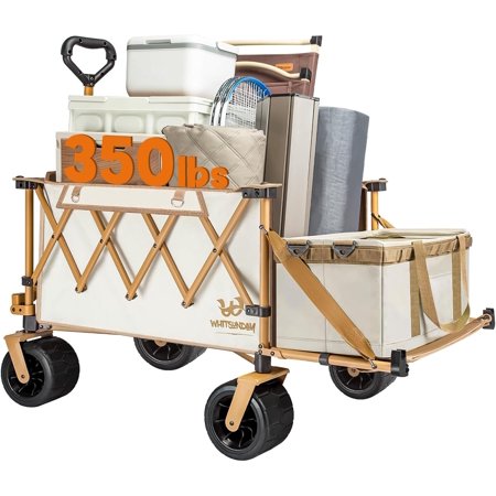 Whitsunday Collapsible Folding Wagon Heavy Duty Utility Beach Wagons with Opened Tailgate and All-Terrain Wheels for Camping,Garden,Sports Beige