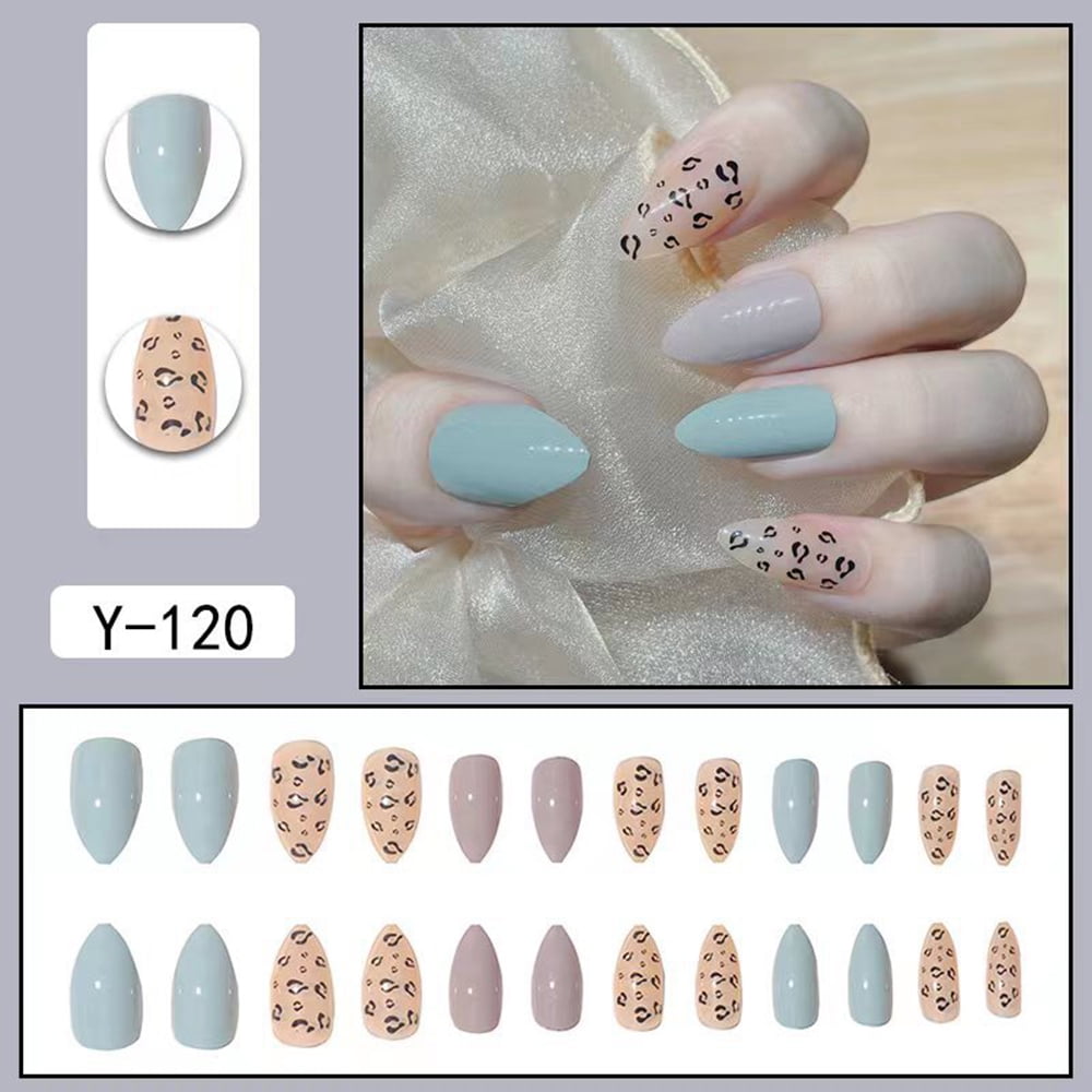 Glossy Press On Nail Blue Purple Leopard Print Nail Safe Material For
