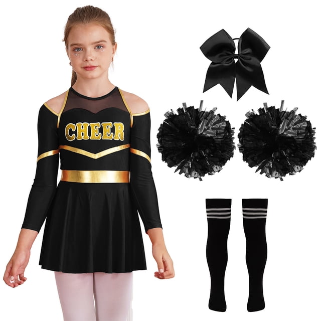 MSemis Tenues d'Uniforme de Cheerleading pour Filles Robe de Danse à Épaules Dénudées avec Nœud Papillon Couvre-Chef Fleurs à la Main Chaussettes Rayées Noir&Blanc Taille 16