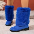thumbnail image 2 of Ticikt Women Solid Faux Suede Mid Calf Boots, Fuzzy Cuff Low Block Heel Warm Winter Fashion Snow Boots,Color:Blue,Size:6.5, 2 of 5