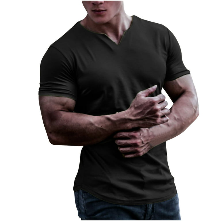 HAPIMO Solid Color Blouse V-Neck Fashion Tops Short Sleeve T-Shirt for Men  Casual Slim Fit Bottoming Tee Clothes Men's Summer Sports Shirts Black XL