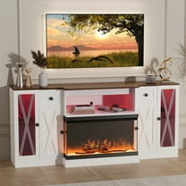 70'' Farmhouse X-Door 3-Sided Glass Electric Fireplace TV Stand for Living Room, Fits 80'' TVs, 36'' Fireplace, Highboy Entertainment Center with Storage, Cabinet with LED Lighting, White
