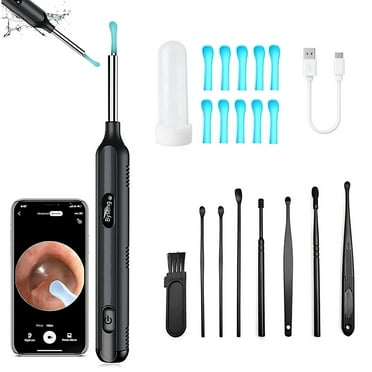 Byseng Ear Wax Removal, Earwax Remover Tool, 9 Piece w/ Cleansing, 1080P Camera for iOS and Android (Black)