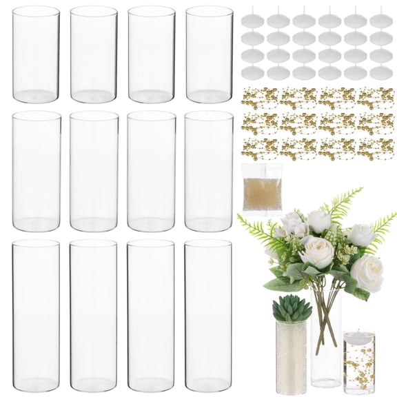 12 Pcs Glass Vase Centerpieces Set, Including 3 Sizes Cylinder Vases, Floating Candles, Golden Beaded Lines, and Absorbent Beads for Wedding, Party, Home Decoration