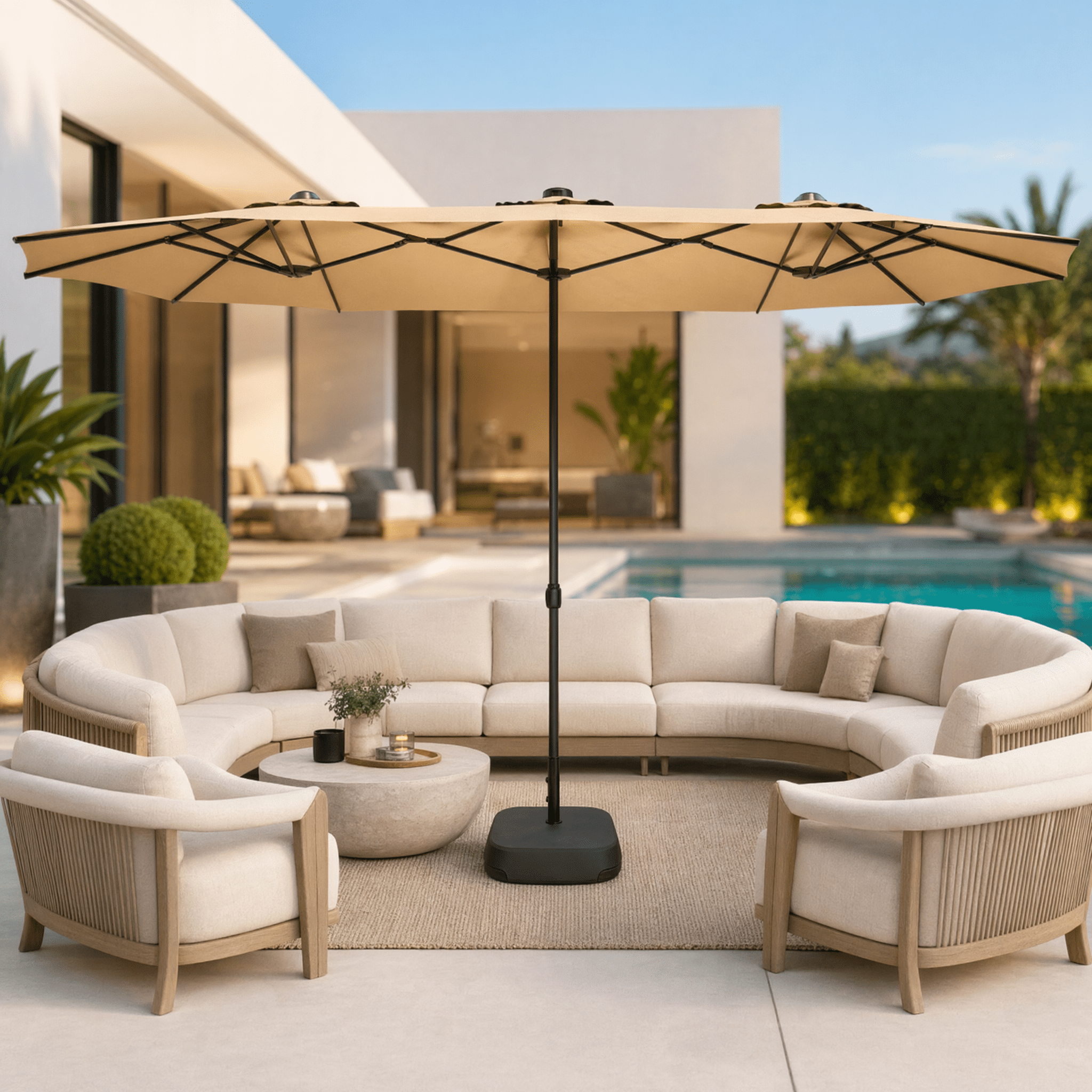 15FT Double-Sided Patio Umbrella with Base, Rectangular Outdoor Umbrella for Backyard, Deck & Poolside, Khaki