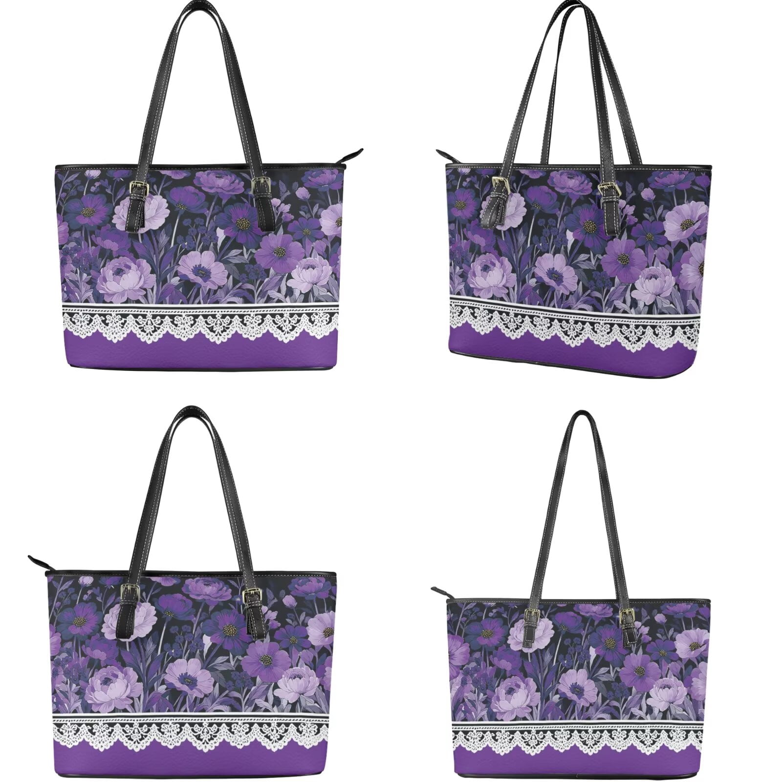 TSOVTHRID Poppy Peony Floral Print Tote Bag Handbag with Wallet Set Pu Leather Hobo Shoulder Bag for Women Ladies 2 Pcs Purple Top Handle Handbag Purse Clutch Shoulder Satchel