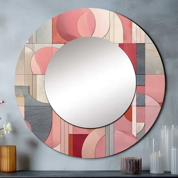 Designart "Transcendent Angles in Pink IV" Abstract Shapes Pink Large Round Mirror - Round Mirror Wall Décor - Mid-Century Round Printed Mirror 36" x 36" Inch
