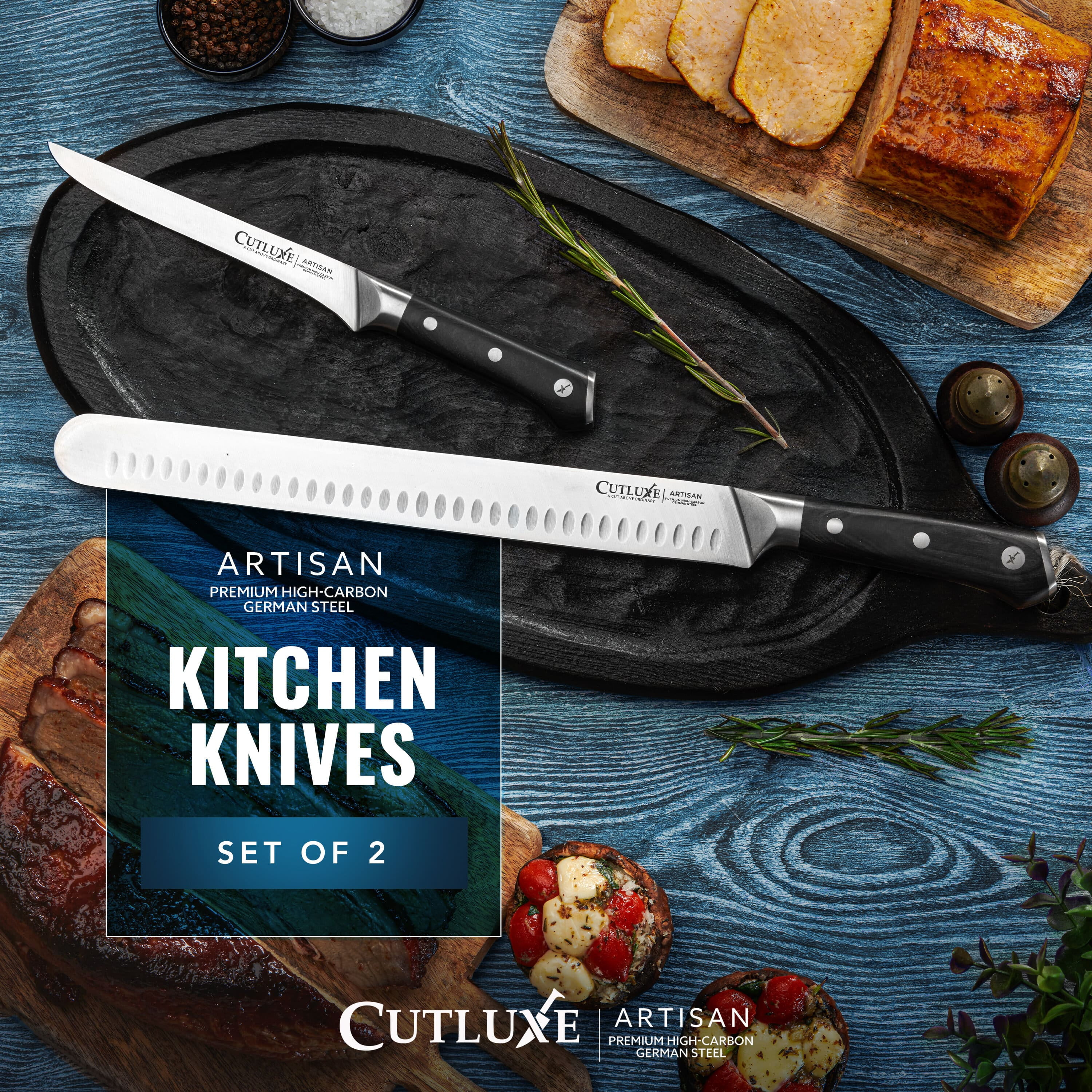 Cutluxe BBQ Carving Knife Set – Brisket Slicing and Boning Knife for Meat Cutting – Professional Knife with Razor Sharp German Steel, Full Tang, Ergonomic Handles – Artisan Series