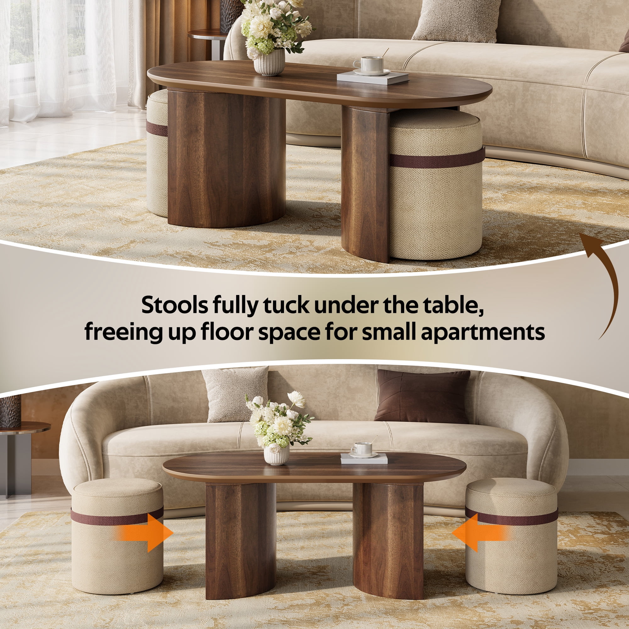 Mintazer Oval Coffee Table Set with 2 Nesting Fabric Stools, Coffee Table with Curved Legs for Small Apartment Living Room, Walnut