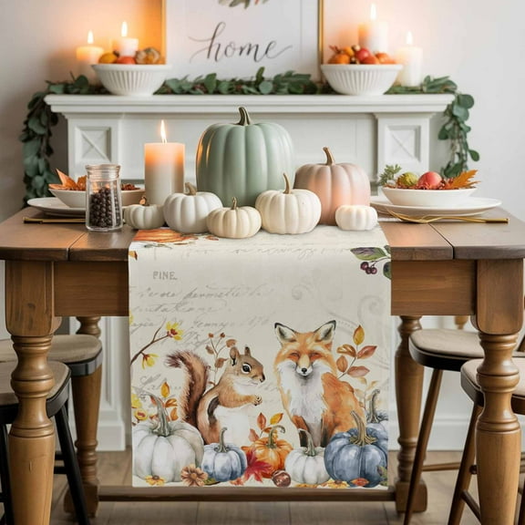 Fall Squirrel Fox Table Runner, Autumn Thanksgiving Kitchen Dining Table Decoration for Home Party Decor 13x36 Inches