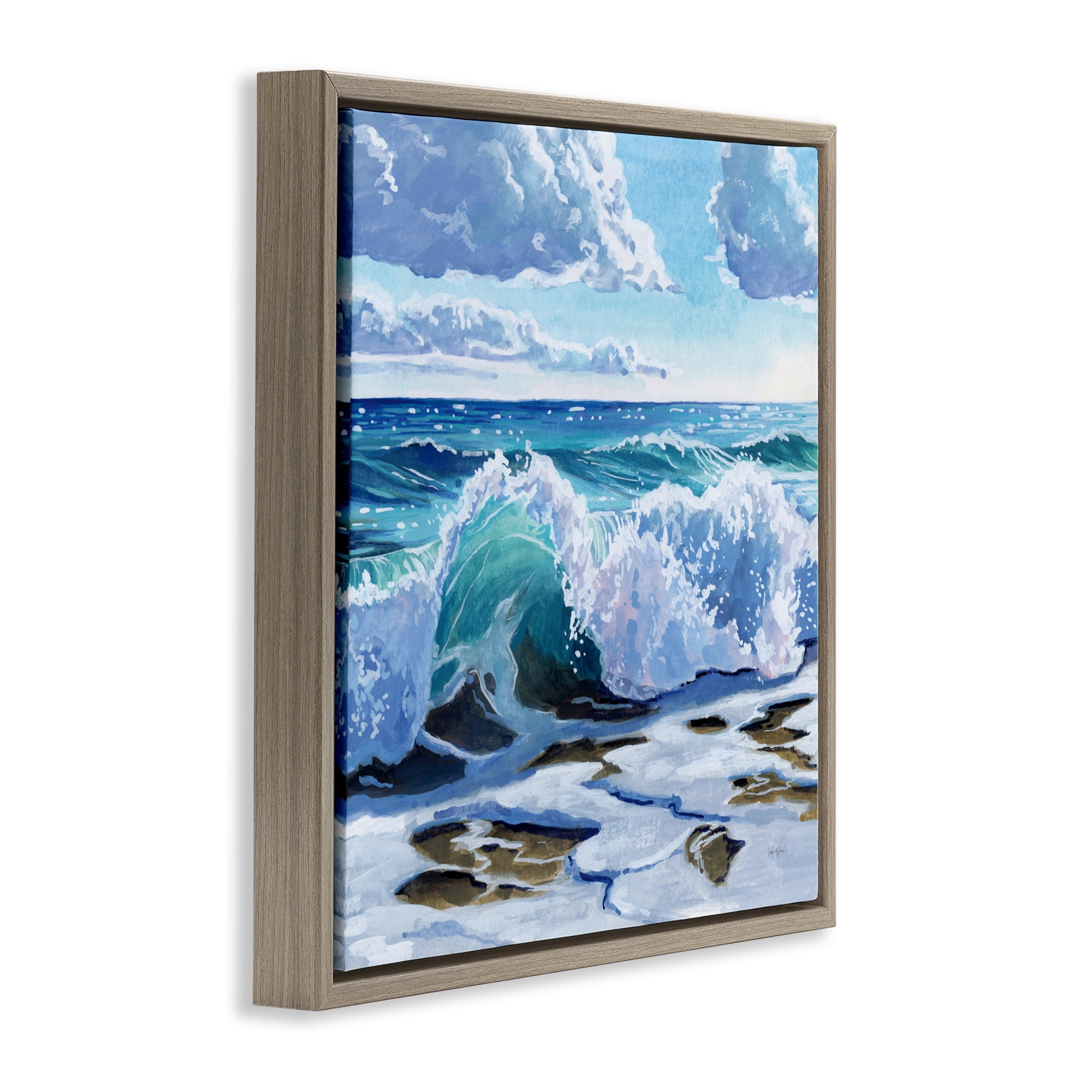 Stupell Industries Curling Aqua Wave on Shore Brown Framed Floater Canvas Wall Art, design by Kate Jarvik Birch