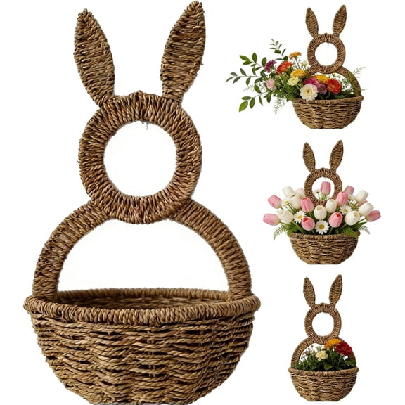 WEIH Wicker Easter Bunny Basket - Handwoven Hanging Wall Pocket for Spring Decor,Bunny Basket Hanging WallHand Woven Wicker Easter Farmhouse Door Organizer for Flowers, Gifts & Seasonal Display