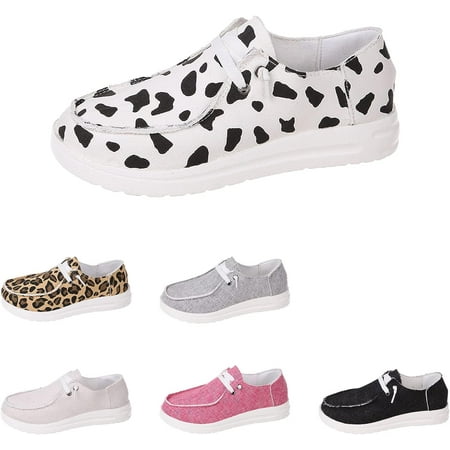 Women s Cow Print Shoes Canvas Lace-Up Moccasin Boat Shoes Loafers Slip On Breathable Lightweight Comfortable Sneakers
