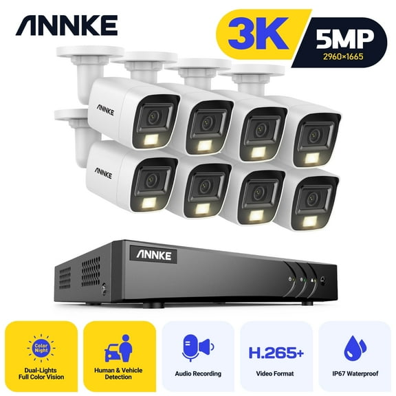 ANNKE 8CH 5MP Security Camera System, 3K AI DVR and 8x3K CCTV Camera with Dual Light, Human/Vehicle Detection, IP67, Color Night Vision, 0TB HDD, Audio/Mic
