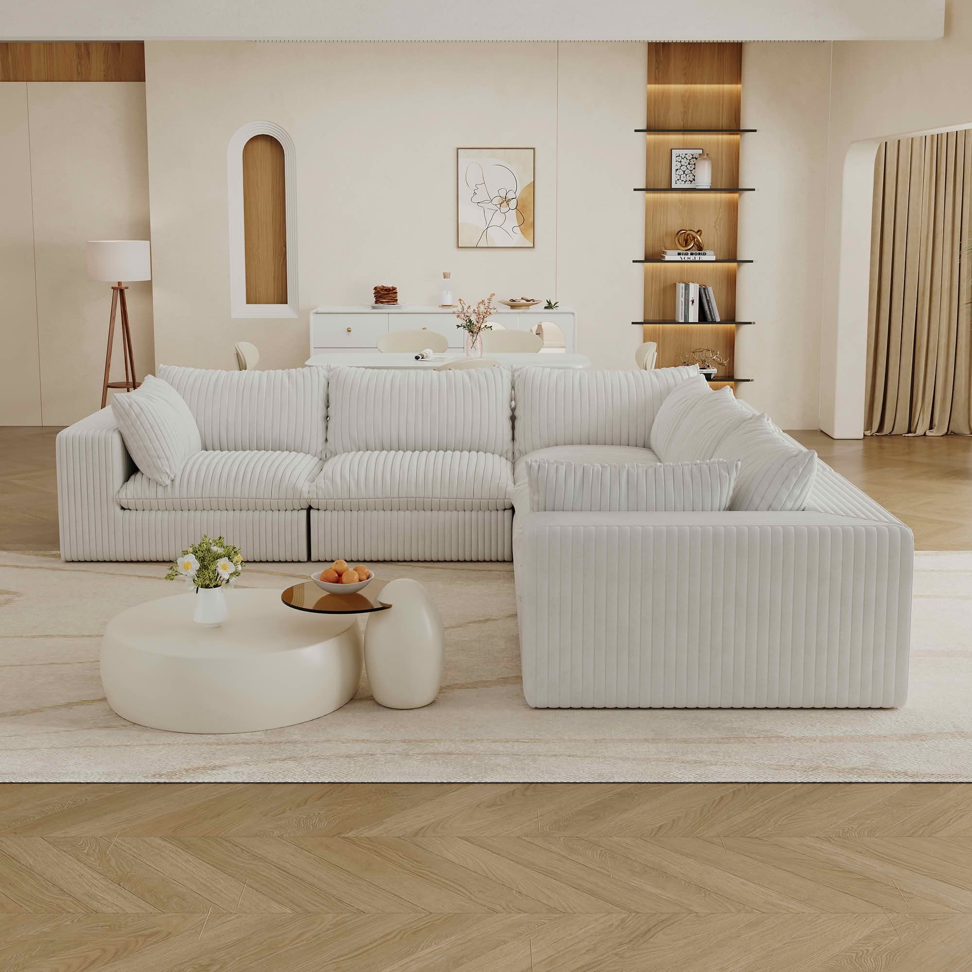 MAYEERTY 118.2" Cloud Corduroy Sofa, Deep Seat Double-Layer Design, Removable Cushion No Assembly, DIY Combination, White