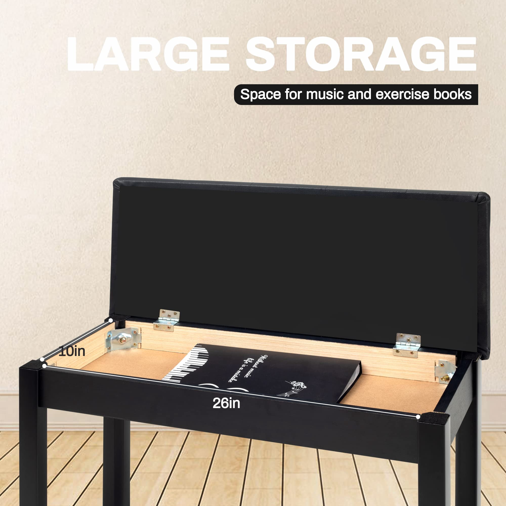 Piano Chair With Storage Stool And Upholstery Wooden Keyboard Duet Seat  Waterproof Non-slip Black