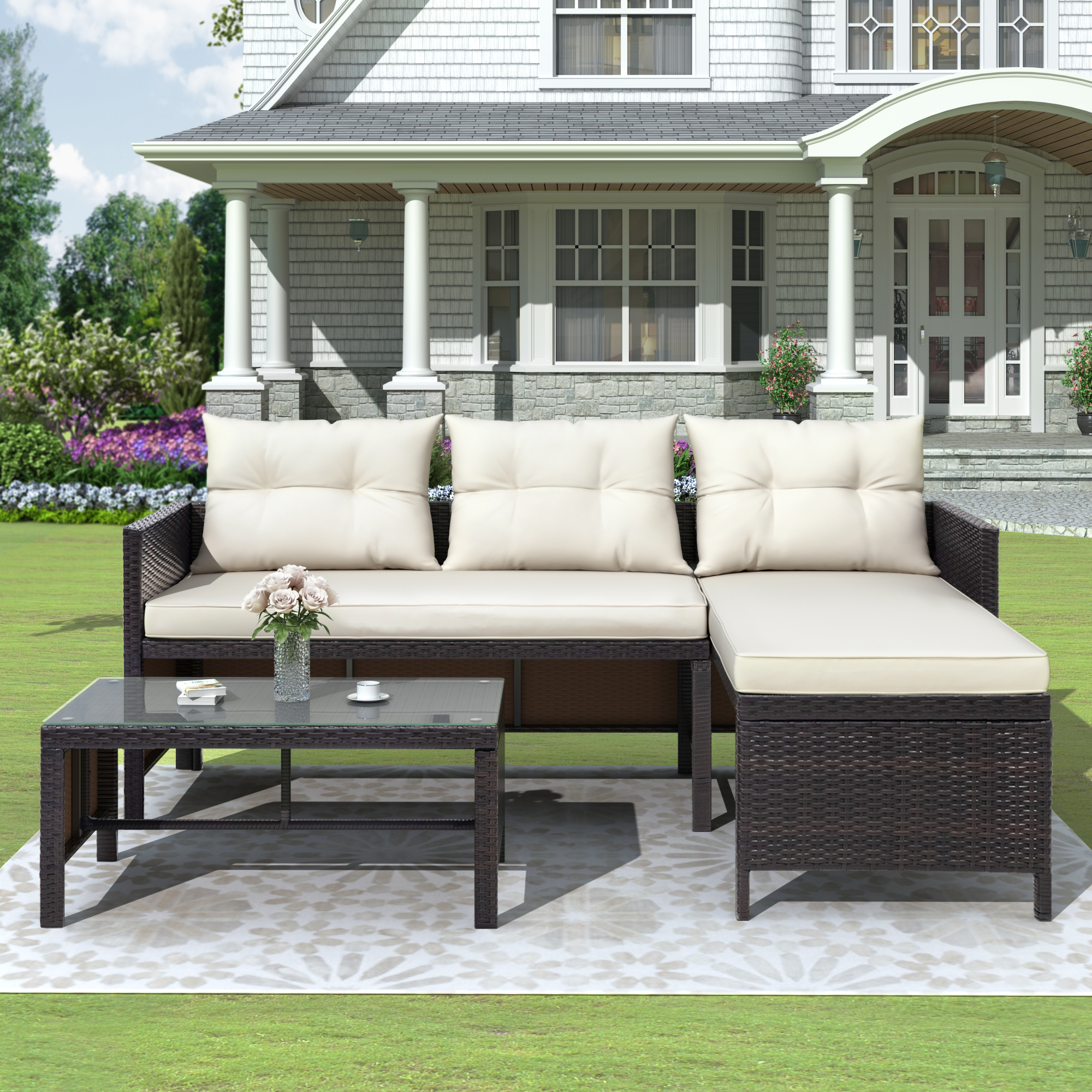 Wicker Sectional Sofa Set, 3 Pieces Patio Furniture Sets with Coffee Table, Two Seat Sofa & Chaise Lounge Chair, Outdoor PE Rattan Conversation Bistro Set, Patio Seating Couch Set, Brown, J647 - image 1 of 14