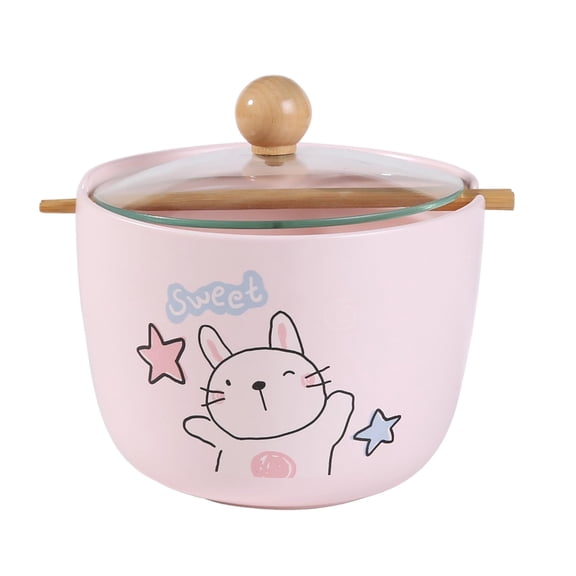 Porcelain Ramen Noodle Bowl with Glass Lid 26 fl oz Bowl With Chopsticks For Udong, Pho, Tomyum Ramen Noodle Soup Whimsical Characters (Rabbit)