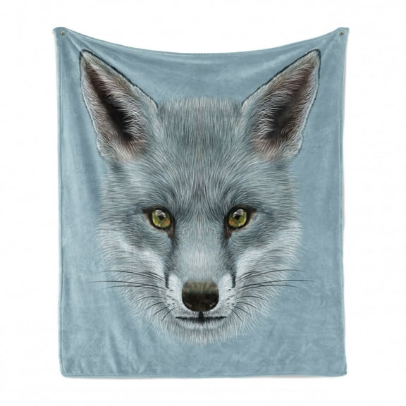 Animal Soft Flannel Fleece Throw Blanket, Grey Fox Portrait Fluffy Forest Creature Mammal Wildlife Style Illustration, Cozy Plush for Indoor and Outdoor Use, 50" x 60", Pale Blue, by Ambesonne