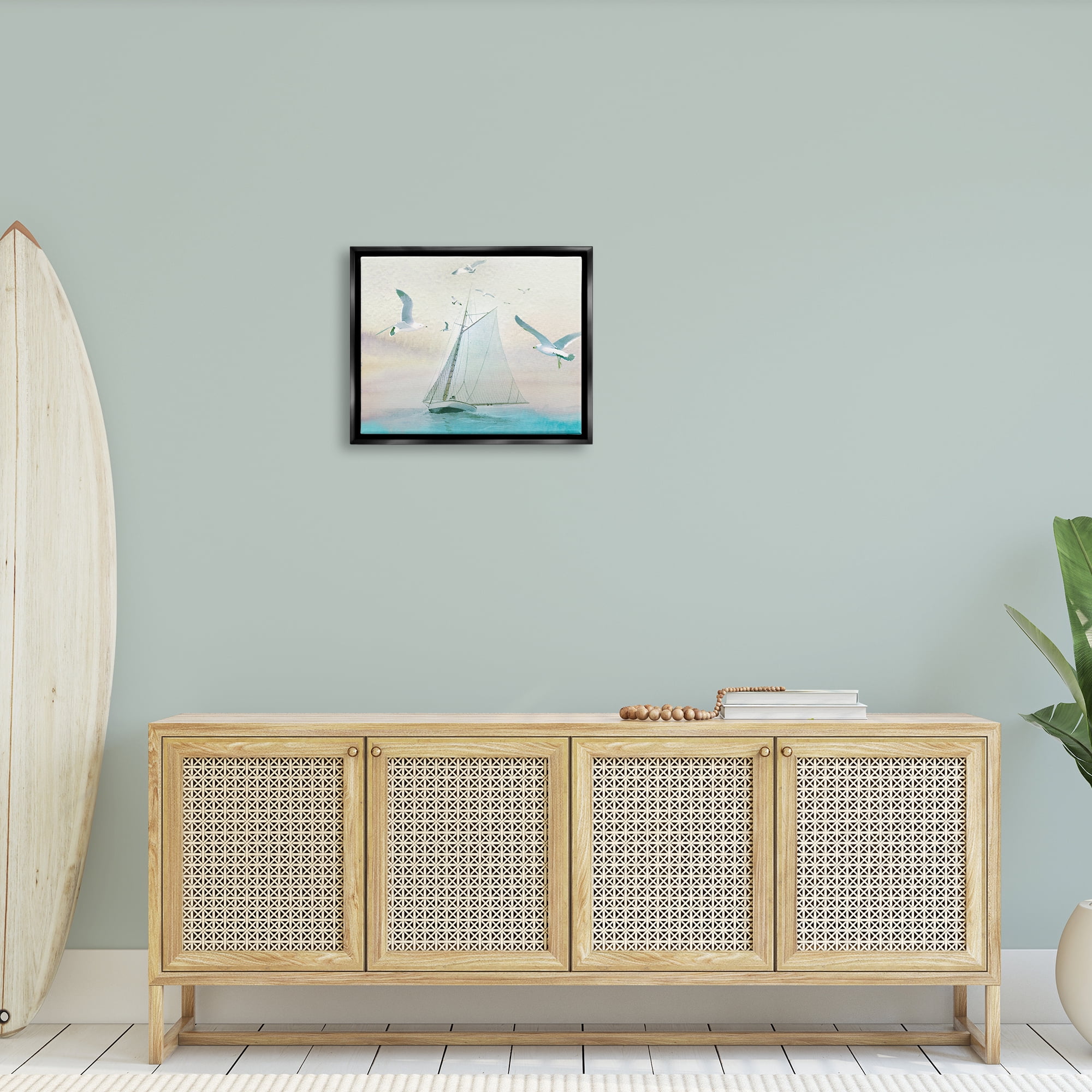 Stupell Seagulls Flying Ocean Sailboat Landscape Painting Black Floater Framed Art Print Wall Art