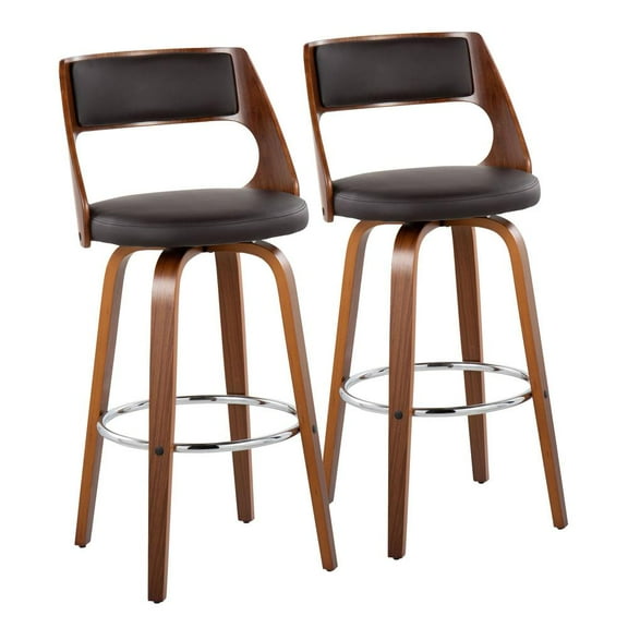 Cecina Mid-Century Modern Barstool With Swivel In Walnut And Brown Faux Leather - Set Of 2